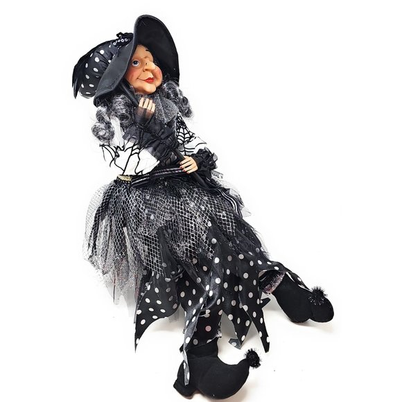 Halloween Witch 24" White Polka Dot Dress and Pointed Hat Party Decor Wreath Cen - Picture 3 of 6